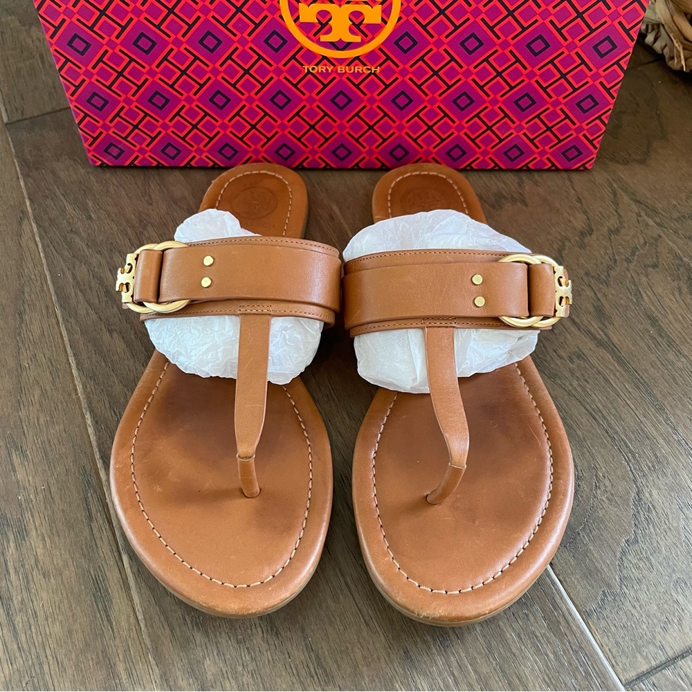 Tory Burch Marsden Flat Leather Sandals Size 8.5 Tan